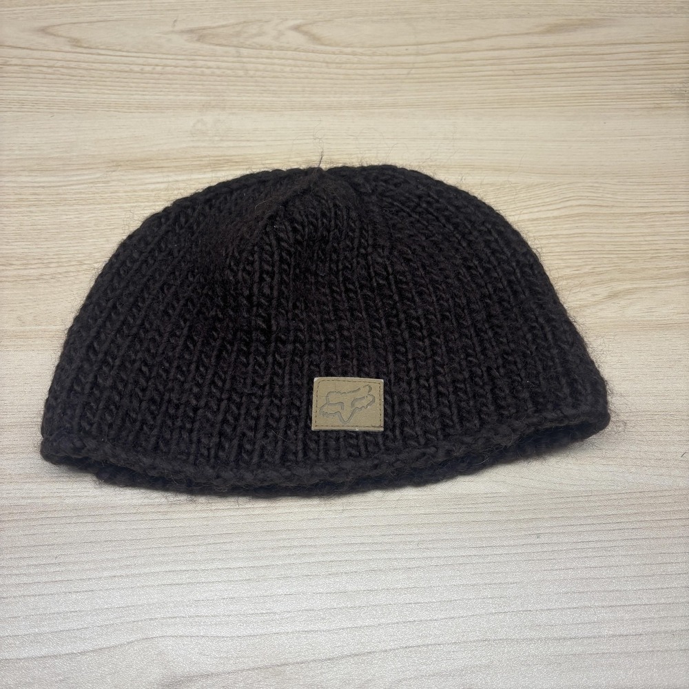 Fox Racing Hat Beanie Knit Brown Fleece Lined Patch Mens One Size Winter Warm